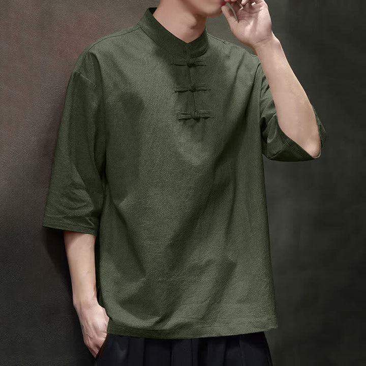 Buddha Stones Camicia da uomo a maniche corte tinta unita stile Summer Tang con tre bottoni a rana. - image 14