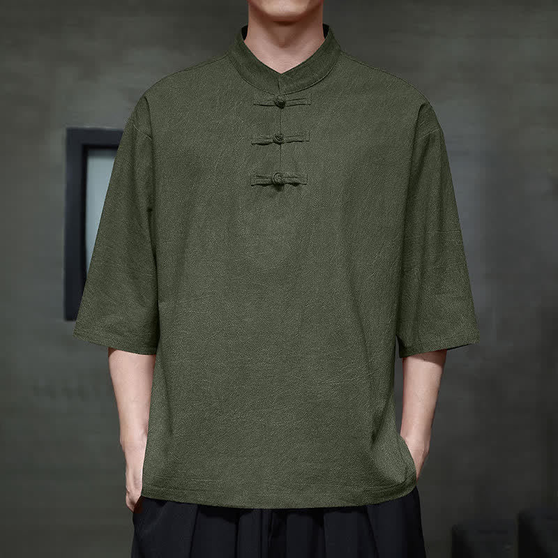Buddha Stones Camicia da uomo a maniche corte tinta unita stile Summer Tang con tre bottoni a rana. - Verde mare - US/UK/AU46, EU56 (5XL) - image 13