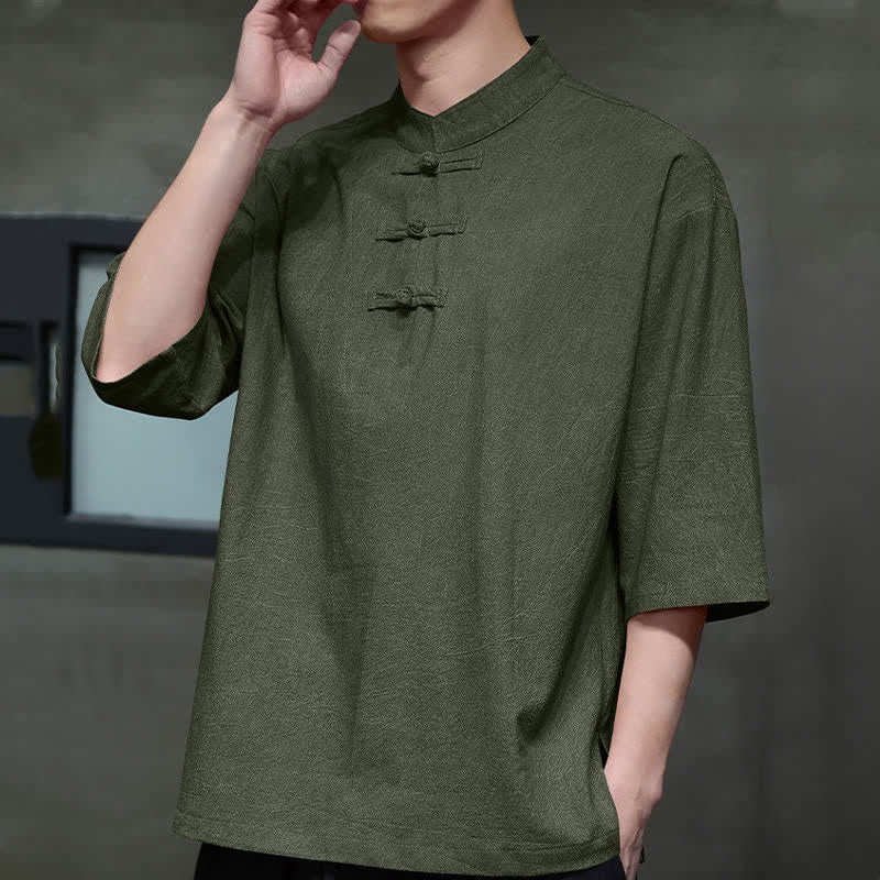 Buddha Stones Camicia da uomo a maniche corte tinta unita stile Summer Tang con tre bottoni a rana. - image 17