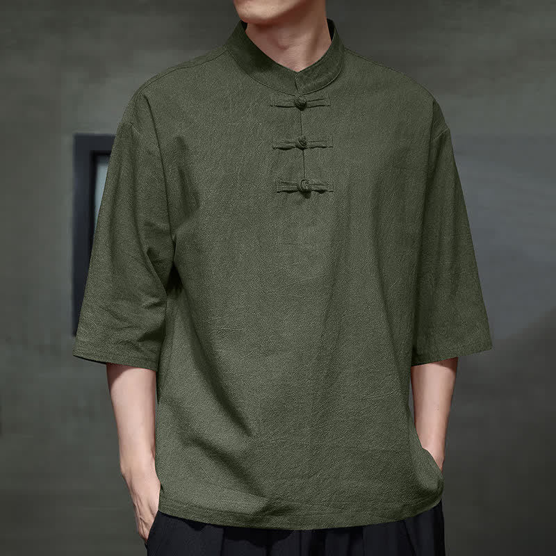 Buddha Stones Camicia da uomo a maniche corte tinta unita stile Summer Tang con tre bottoni a rana. - image 18
