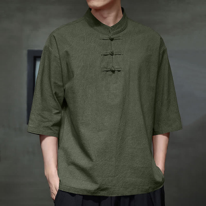 Buddha Stones Camicia da uomo a maniche corte tinta unita stile Summer Tang con tre bottoni a rana. - image 18