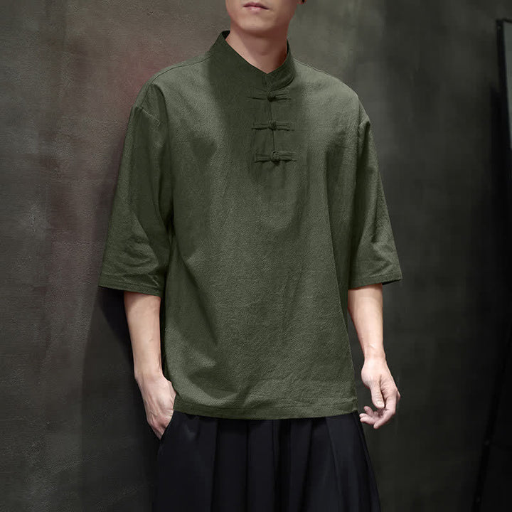 Buddha Stones Camicia da uomo a maniche corte tinta unita stile Summer Tang con tre bottoni a rana. - image 16