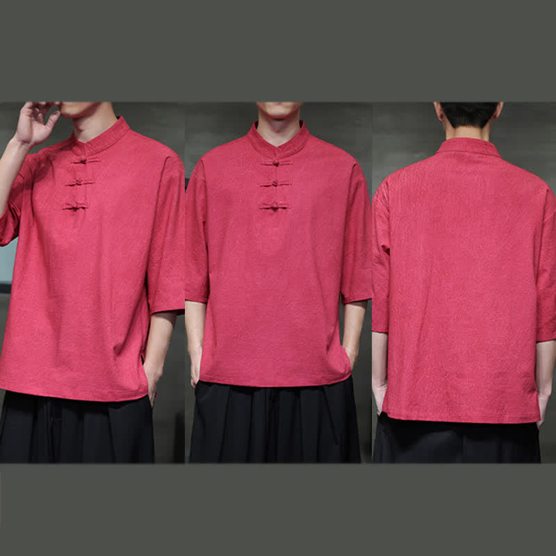 Buddha Stones Camicia da uomo a maniche corte tinta unita stile Summer Tang con tre bottoni a rana. - image 28