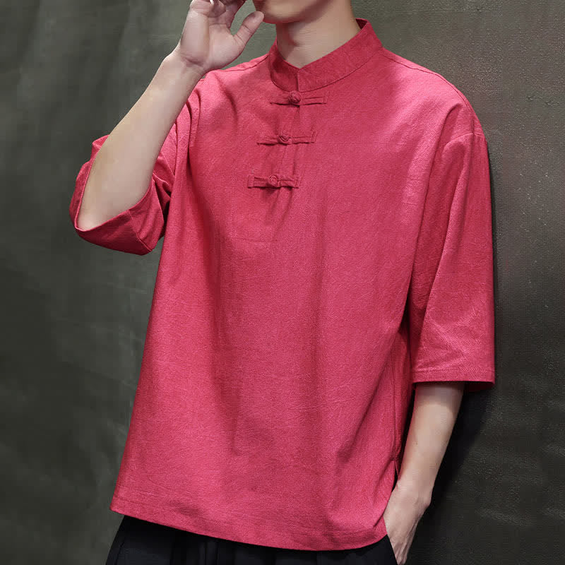Buddha Stones Camicia da uomo a maniche corte tinta unita stile Summer Tang con tre bottoni a rana. - image 20