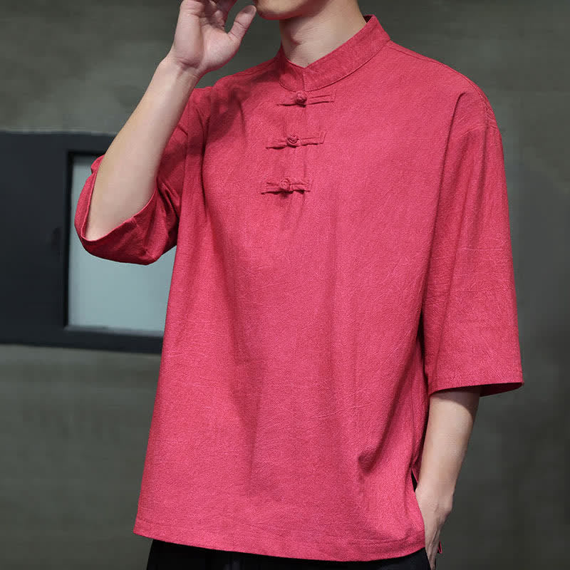 Buddha Stones Camicia da uomo a maniche corte tinta unita stile Summer Tang con tre bottoni a rana. - image 25