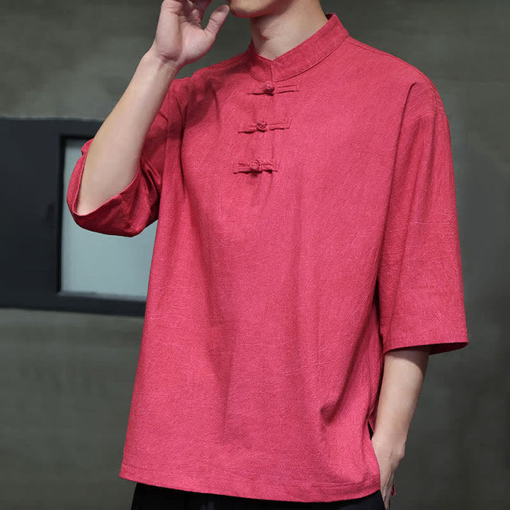Buddha Stones Camicia da uomo a maniche corte tinta unita stile Summer Tang con tre bottoni a rana. - image 25