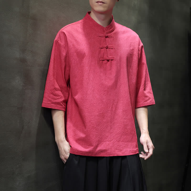 Buddha Stones Camicia da uomo a maniche corte tinta unita stile Summer Tang con tre bottoni a rana. - image 22
