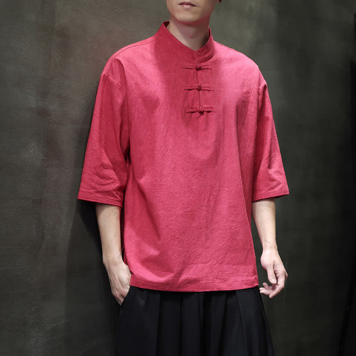 Buddha Stones Camicia da uomo a maniche corte tinta unita stile Summer Tang con tre bottoni a rana. - image 22