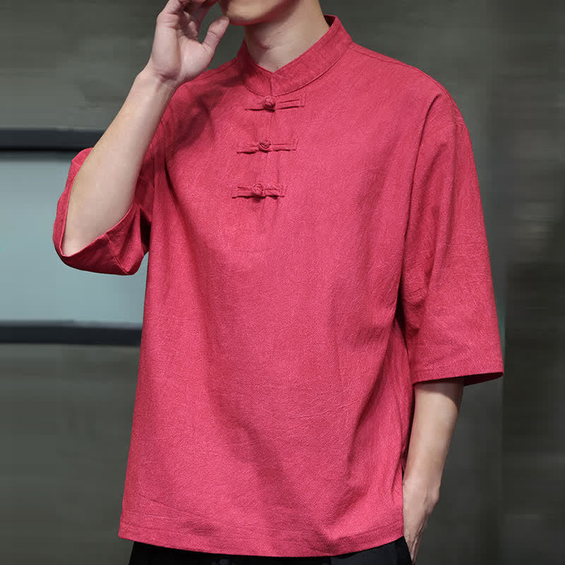 Buddha Stones Camicia da uomo a maniche corte tinta unita stile Summer Tang con tre bottoni a rana. - image 27