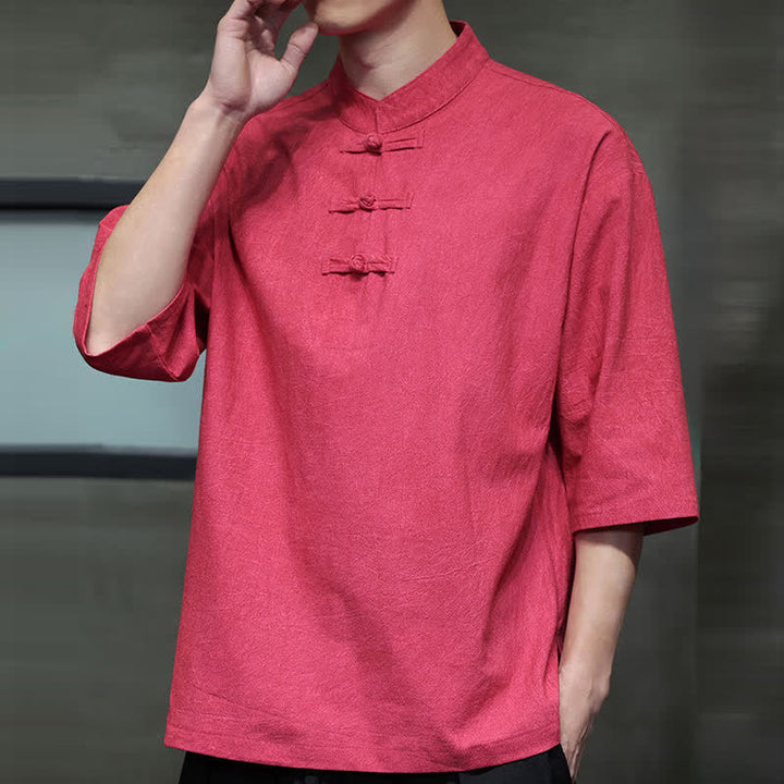 Buddha Stones Camicia da uomo a maniche corte tinta unita stile Summer Tang con tre bottoni a rana. - image 27