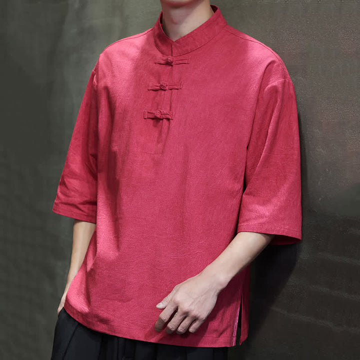 Buddha Stones Camicia da uomo a maniche corte tinta unita stile Summer Tang con tre bottoni a rana. - image 24