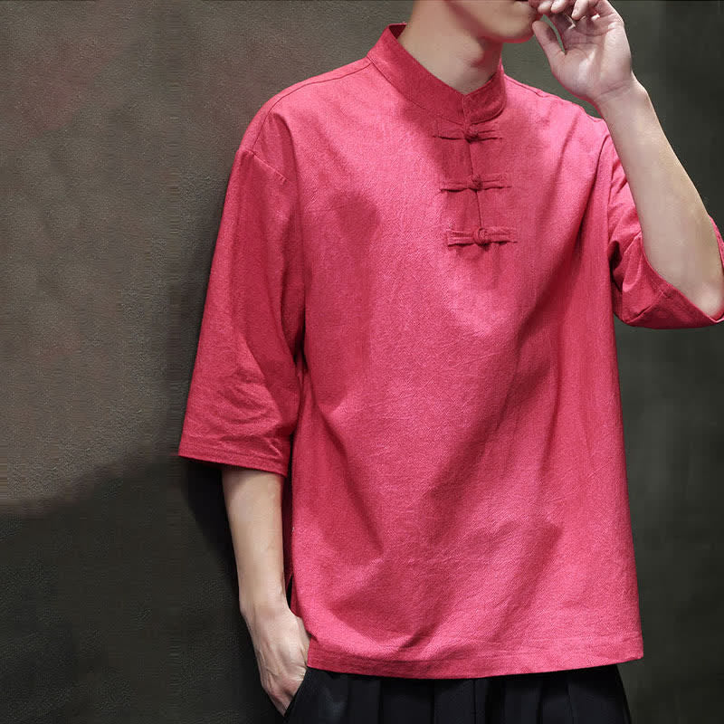 Buddha Stones Camicia da uomo a maniche corte tinta unita stile Summer Tang con tre bottoni a rana. - image 23