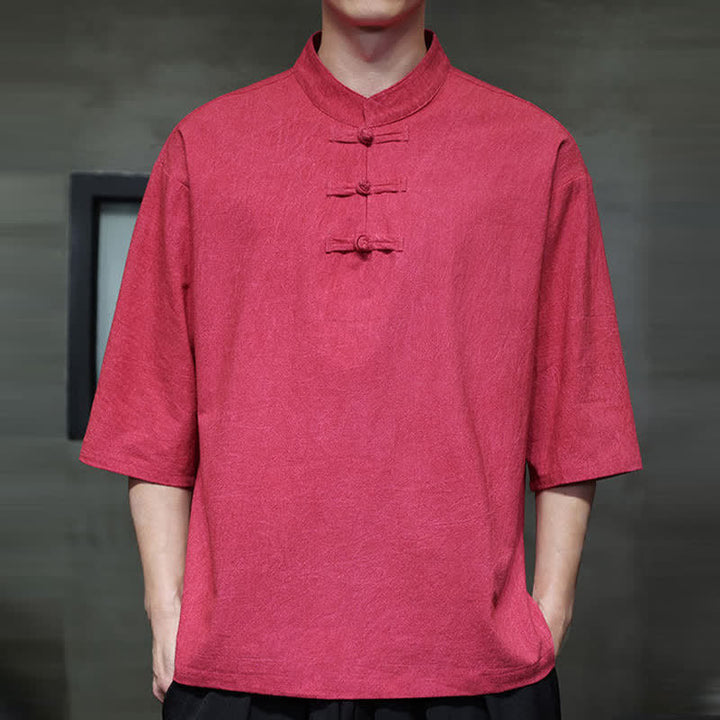 Buddha Stones Camicia da uomo a maniche corte tinta unita stile Summer Tang con tre bottoni a rana. - Cremisi - US/UK/AU46, EU56 (5XL) - image 19