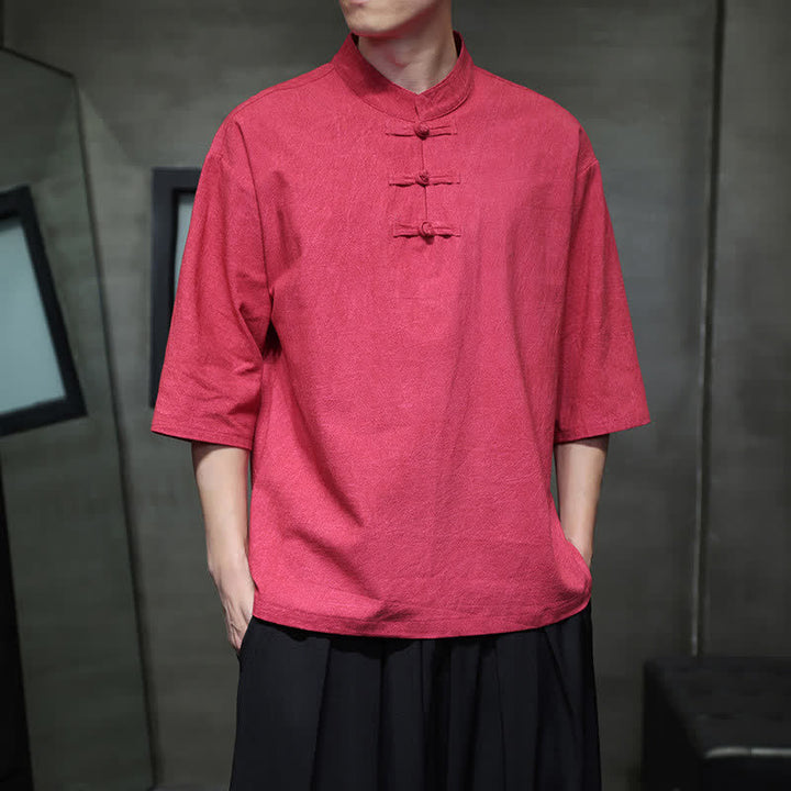 Buddha Stones Camicia da uomo a maniche corte tinta unita stile Summer Tang con tre bottoni a rana. - image 26