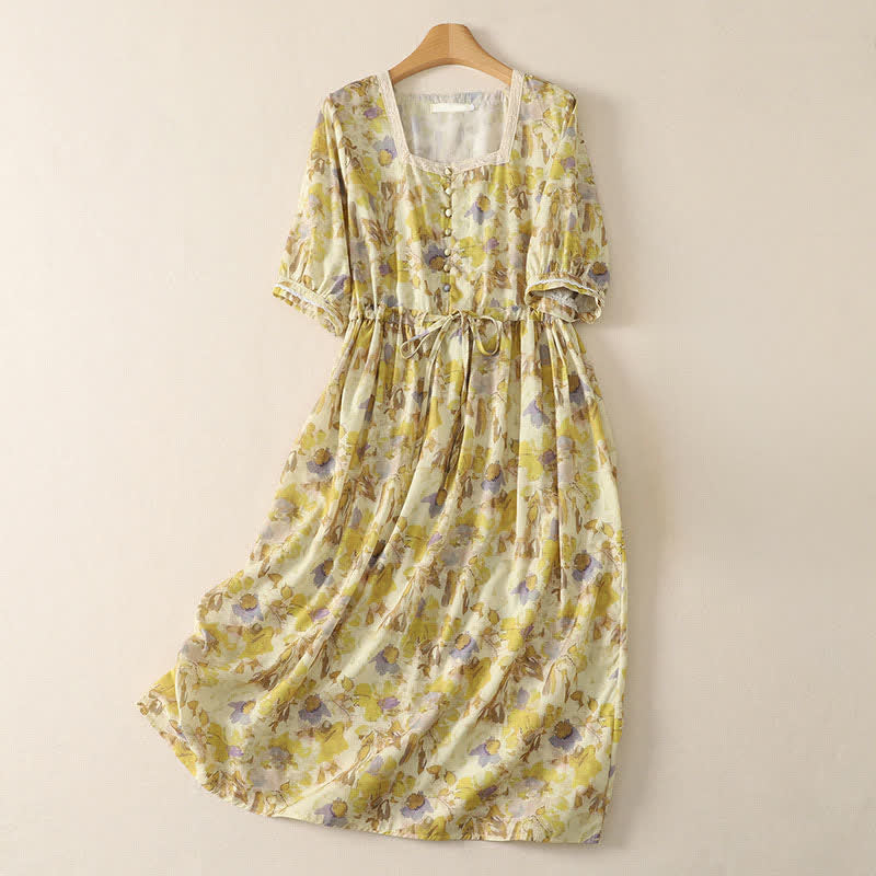 Buddha Stones Abito midi da donna giallo a maniche corte con coulisse, stile vintage, primavera/estate, con stampa floreale. - Verga d'oro pallida - US14, UK/AU18, EU46 (2XL) - image 0