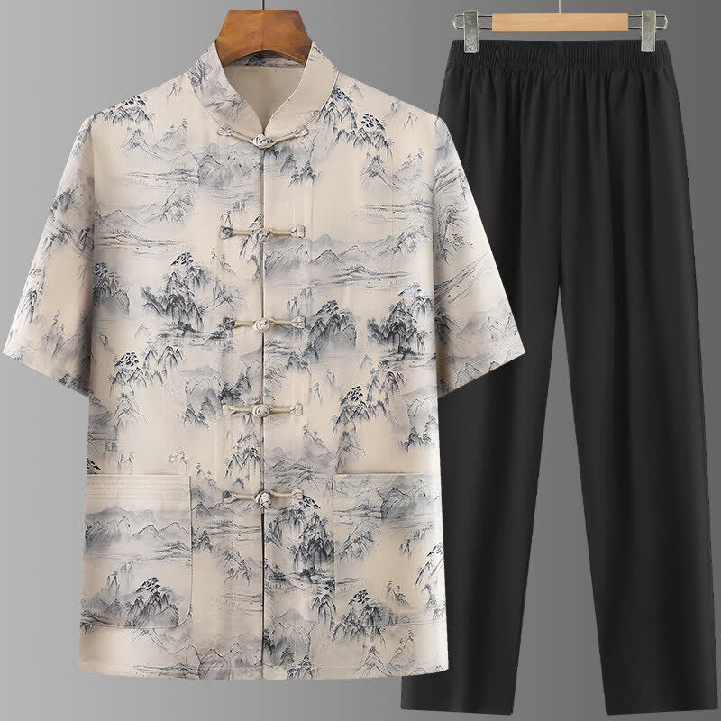 Buddha Stones Completo estivo stile Tang con camicia a maniche corte e pantaloni a gamba dritta, ideale per la meditazione, con tasche, e stampa di montagne e paesaggio. - Beige - US/UK/AU42, EU52 (3XL) - image 0