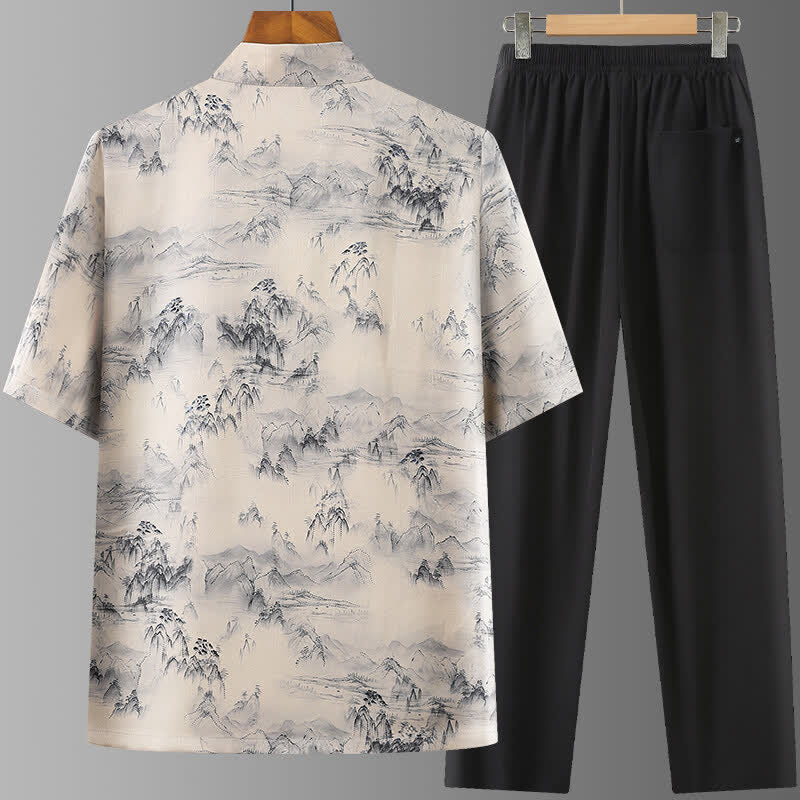 Buddha Stones Completo estivo stile Tang con camicia a maniche corte e pantaloni a gamba dritta, ideale per la meditazione, con tasche, e stampa di montagne e paesaggio. - image 1