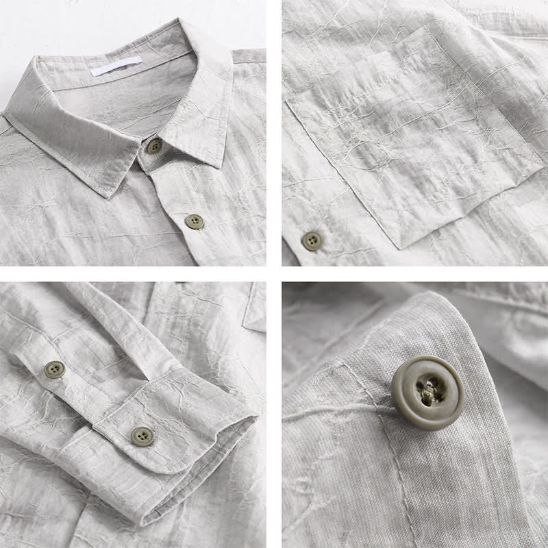Buddha Stones Camicia da uomo primaverile/estiva casual minimalista con bottoni, tinta unita grigio inchiostro e taschino applicato. - image 4