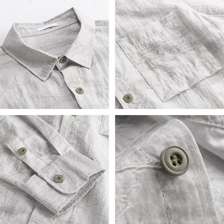 Buddha Stones Camicia da uomo primaverile/estiva casual minimalista con bottoni, tinta unita grigio inchiostro e taschino applicato. - image 4