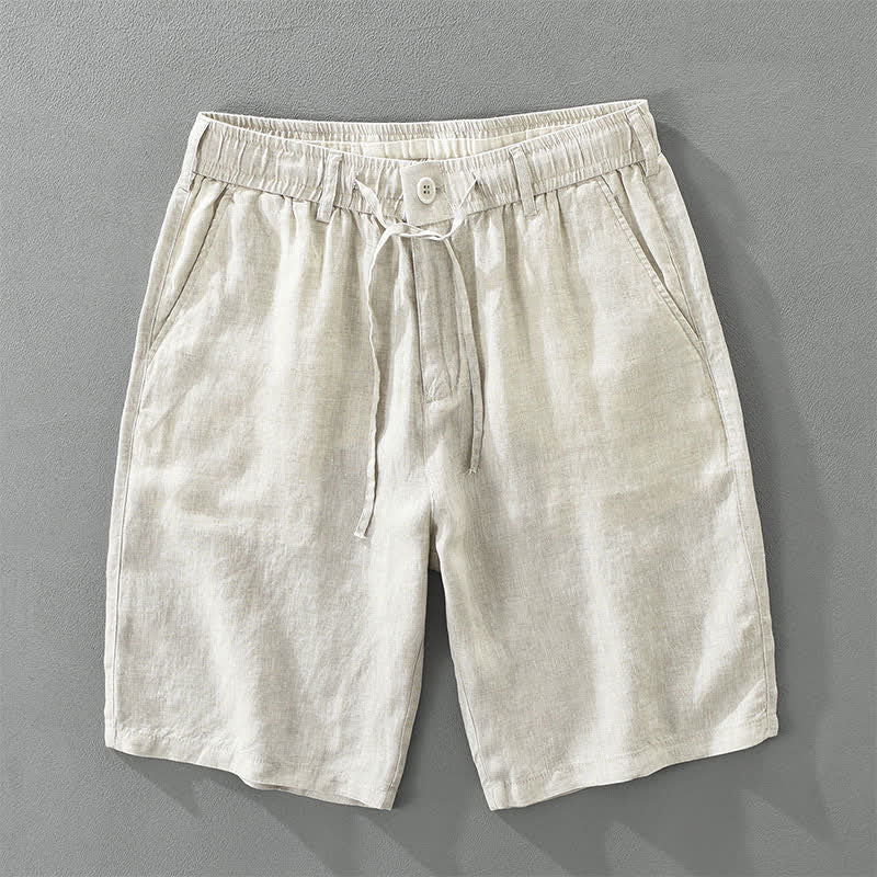 Buddha Stones Pantaloncini da uomo estivi casual minimalisti in lino tinta unita con coulisse e cerniera, con tasche. - Biancheria - US/UK/AU46, EU56 (3XL) - image 0