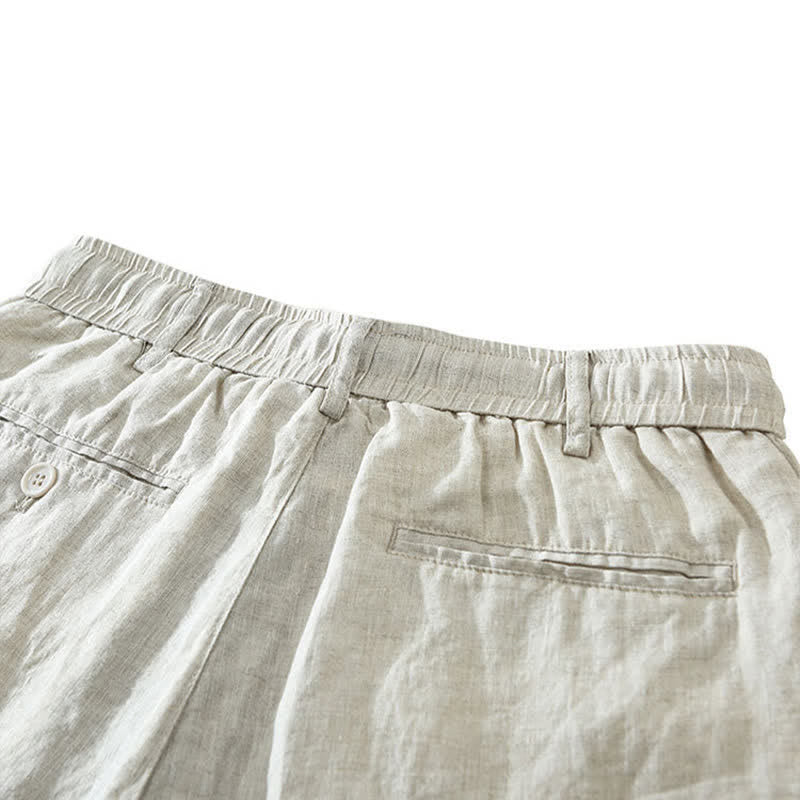 Buddha Stones Pantaloncini da uomo estivi casual minimalisti in lino tinta unita con coulisse e cerniera, con tasche. - image 4