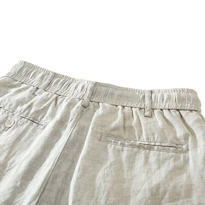 Buddha Stones Pantaloncini da uomo estivi casual minimalisti in lino tinta unita con coulisse e cerniera, con tasche. - image 4