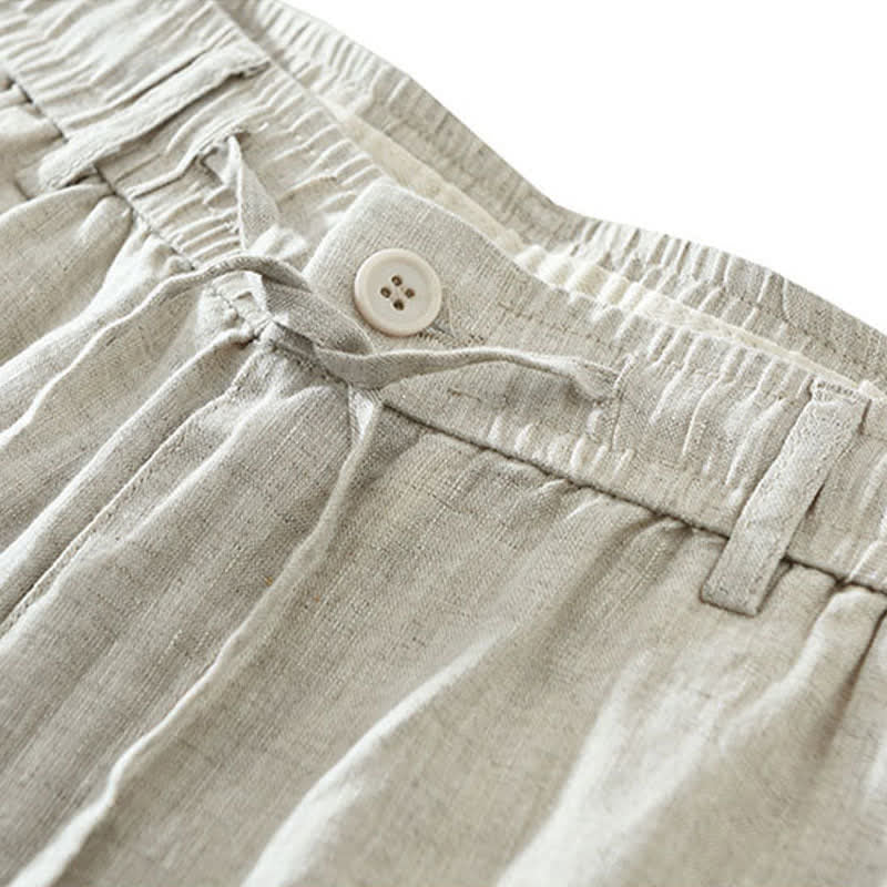 Buddha Stones Pantaloncini da uomo estivi casual minimalisti in lino tinta unita con coulisse e cerniera, con tasche. - image 5