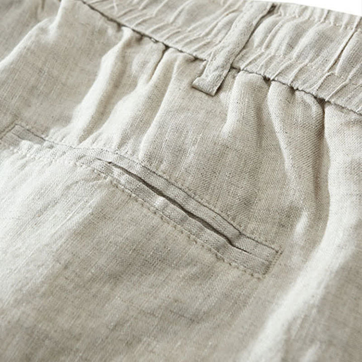 Buddha Stones Pantaloncini da uomo estivi casual minimalisti in lino tinta unita con coulisse e cerniera, con tasche. - image 8