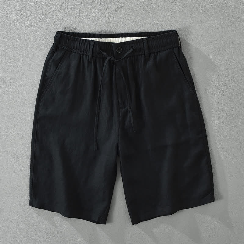 Buddha Stones Pantaloncini da uomo estivi casual minimalisti in lino tinta unita con coulisse e cerniera, con tasche. - Nero - US/UK/AU46, EU56 (3XL) - image 11
