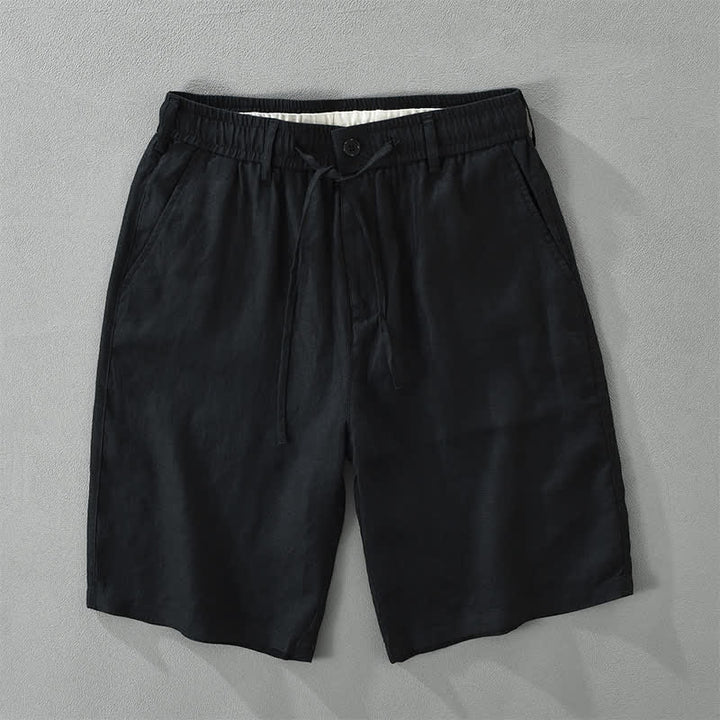Buddha Stones Pantaloncini da uomo estivi casual minimalisti in lino tinta unita con coulisse e cerniera, con tasche. - Nero - US/UK/AU46, EU56 (3XL) - image 11