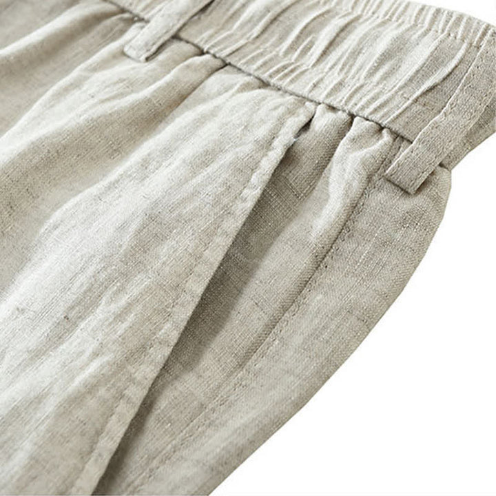 Buddha Stones Pantaloncini da uomo estivi casual minimalisti in lino tinta unita con coulisse e cerniera, con tasche. - image 7