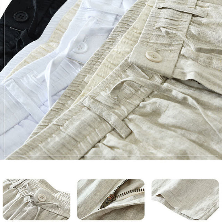 Buddha Stones Pantaloncini da uomo estivi casual minimalisti in lino tinta unita con coulisse e cerniera, con tasche. - image 13