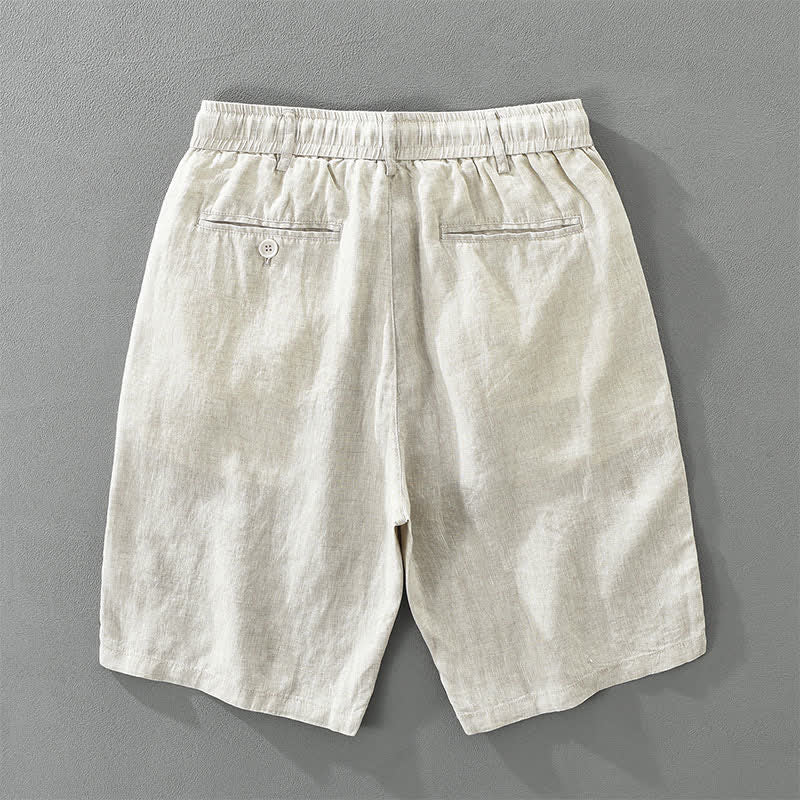 Buddha Stones Pantaloncini da uomo estivi casual minimalisti in lino tinta unita con coulisse e cerniera, con tasche. - image 1