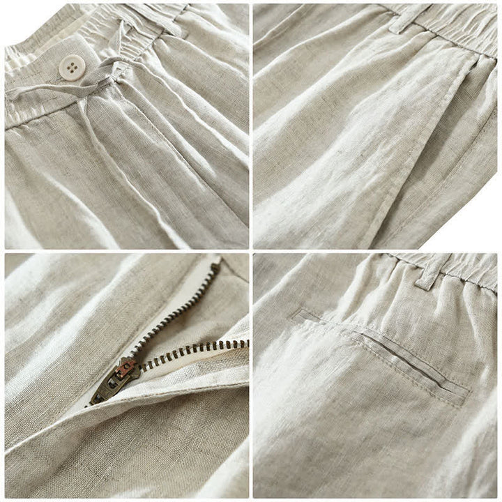 Buddha Stones Pantaloncini da uomo estivi casual minimalisti in lino tinta unita con coulisse e cerniera, con tasche. - image 2