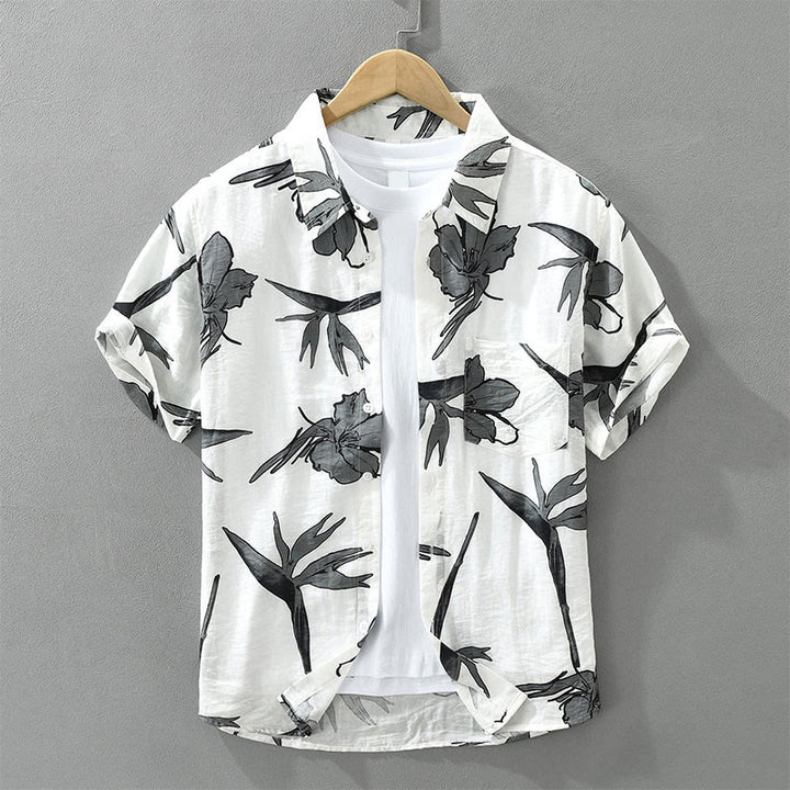 Buddha Stones Camicia da uomo estiva casual con bottoni, fantasia floreale e taschino applicato. - Bianco - US/UK/AU42, EU52 (3XL) - image 0