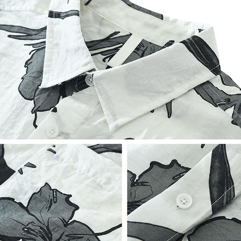 Buddha Stones Camicia da uomo estiva casual con bottoni, fantasia floreale e taschino applicato. - image 3