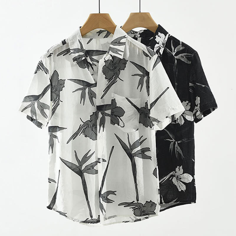 Buddha Stones Camicia da uomo estiva casual con bottoni, fantasia floreale e taschino applicato. - image 13