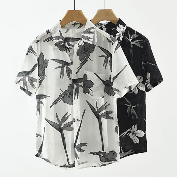 Buddha Stones Camicia da uomo estiva casual con bottoni, fantasia floreale e taschino applicato. - image 13