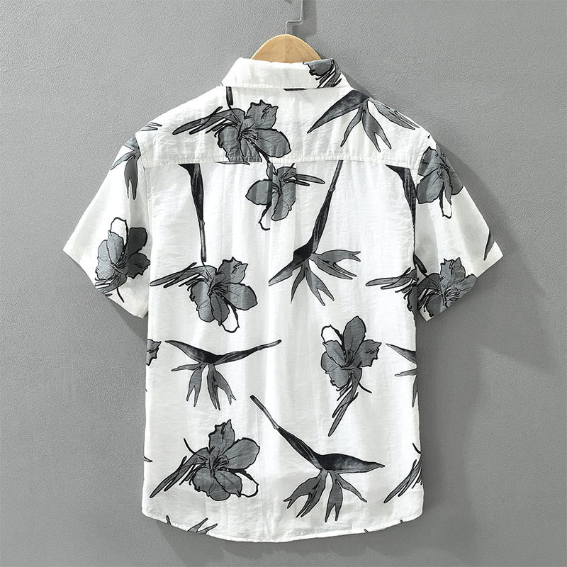 Buddha Stones Camicia da uomo estiva casual con bottoni, fantasia floreale e taschino applicato. - image 1