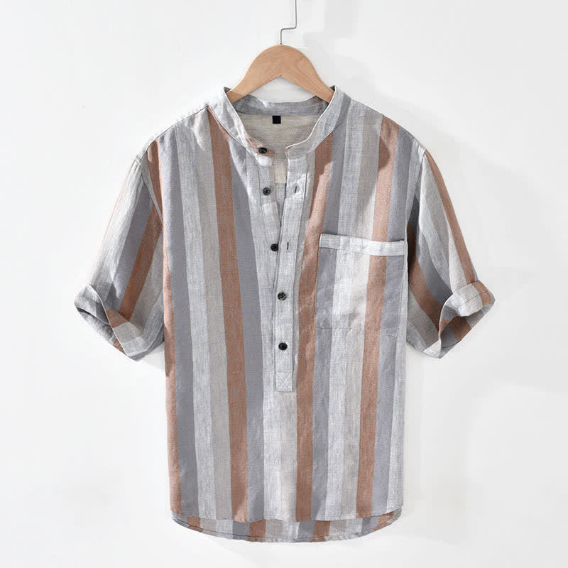 Buddha Stones Camicia da uomo estiva vintage in lino a righe con colletto alla coreana e taschino applicato. - Tan - US/UK/AU42, EU52 (3XL) - image 0