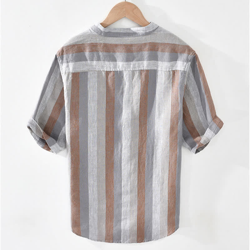 Buddha Stones Camicia da uomo estiva vintage in lino a righe con colletto alla coreana e taschino applicato. - image 1