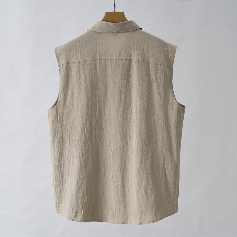 Buddha Stones Camicia da uomo estiva casual minimalista senza maniche con bottoni. - image 15
