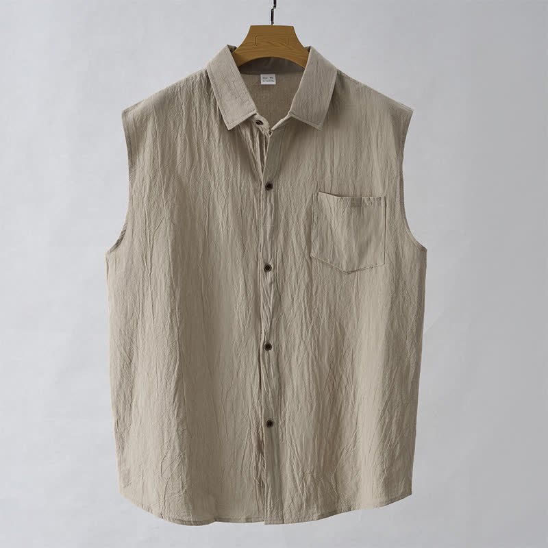 Buddha Stones Camicia da uomo estiva casual minimalista senza maniche con bottoni. - image 14