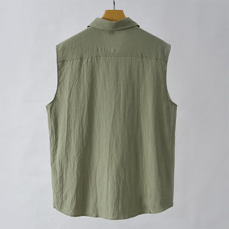 Buddha Stones Camicia da uomo estiva casual minimalista senza maniche con bottoni. - image 9