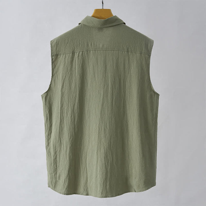 Buddha Stones Camicia da uomo estiva casual minimalista senza maniche con bottoni. - image 9