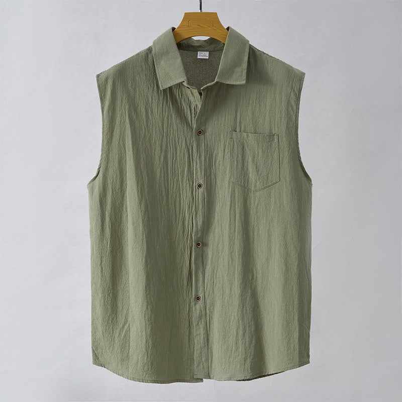 Buddha Stones Camicia da uomo estiva casual minimalista senza maniche con bottoni. - Verde oliva - US/UK/AU44，EU54 (3XL) - image 8