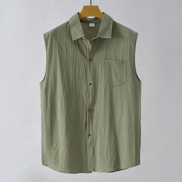 Buddha Stones Camicia da uomo estiva casual minimalista senza maniche con bottoni. - Verde oliva - US/UK/AU44，EU54 (3XL) - image 8
