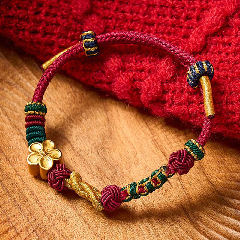 Buddha Stones Braccialetto portafortuna per coppie con cordino multicolore intrecciato a mano e nodo cinese a fiori di pesco. - Rosso vino (circonferenza del polso 15-18 cm) - image 0