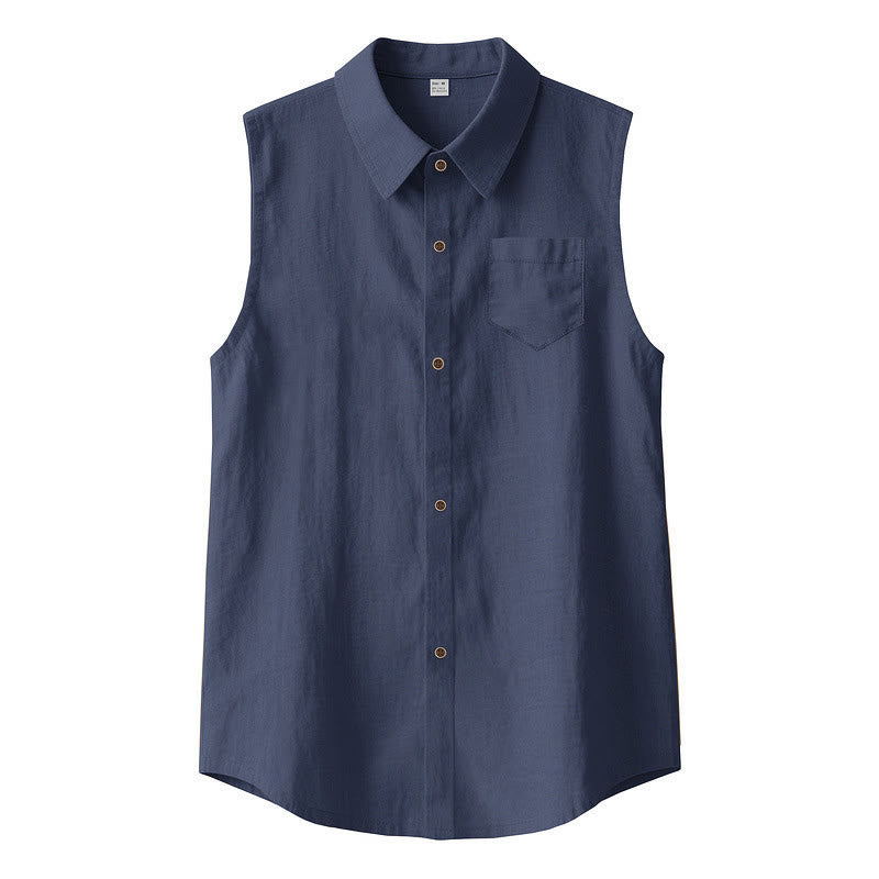 Buddha Stones Camicia da uomo estiva casual minimalista senza maniche con bottoni. - Marina - US/UK/AU44，EU54 (3XL) - image 0