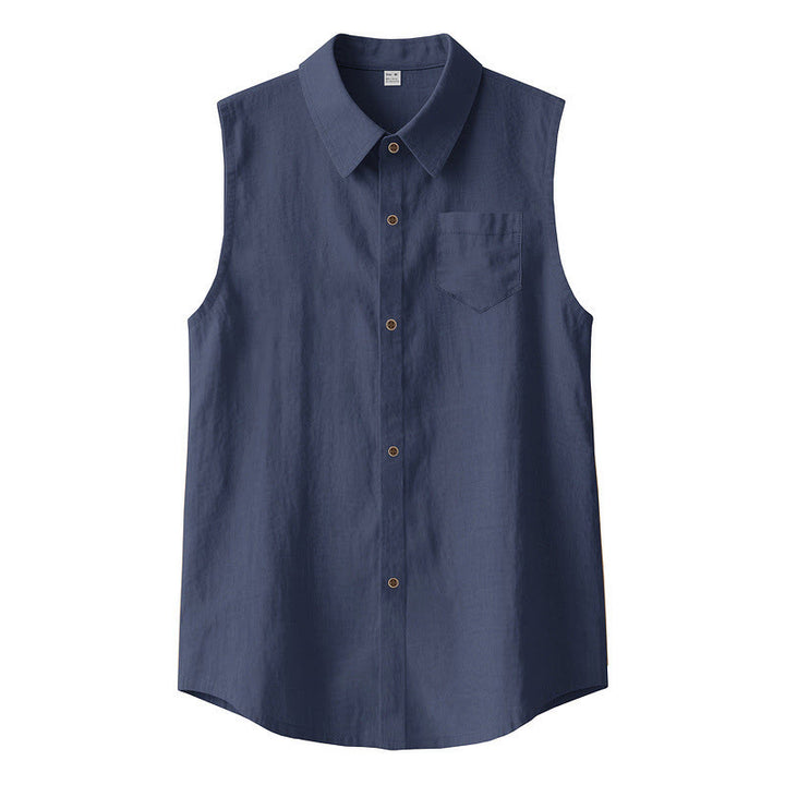 Buddha Stones Camicia da uomo estiva casual minimalista senza maniche con bottoni. - Marina - US/UK/AU44，EU54 (3XL) - image 0
